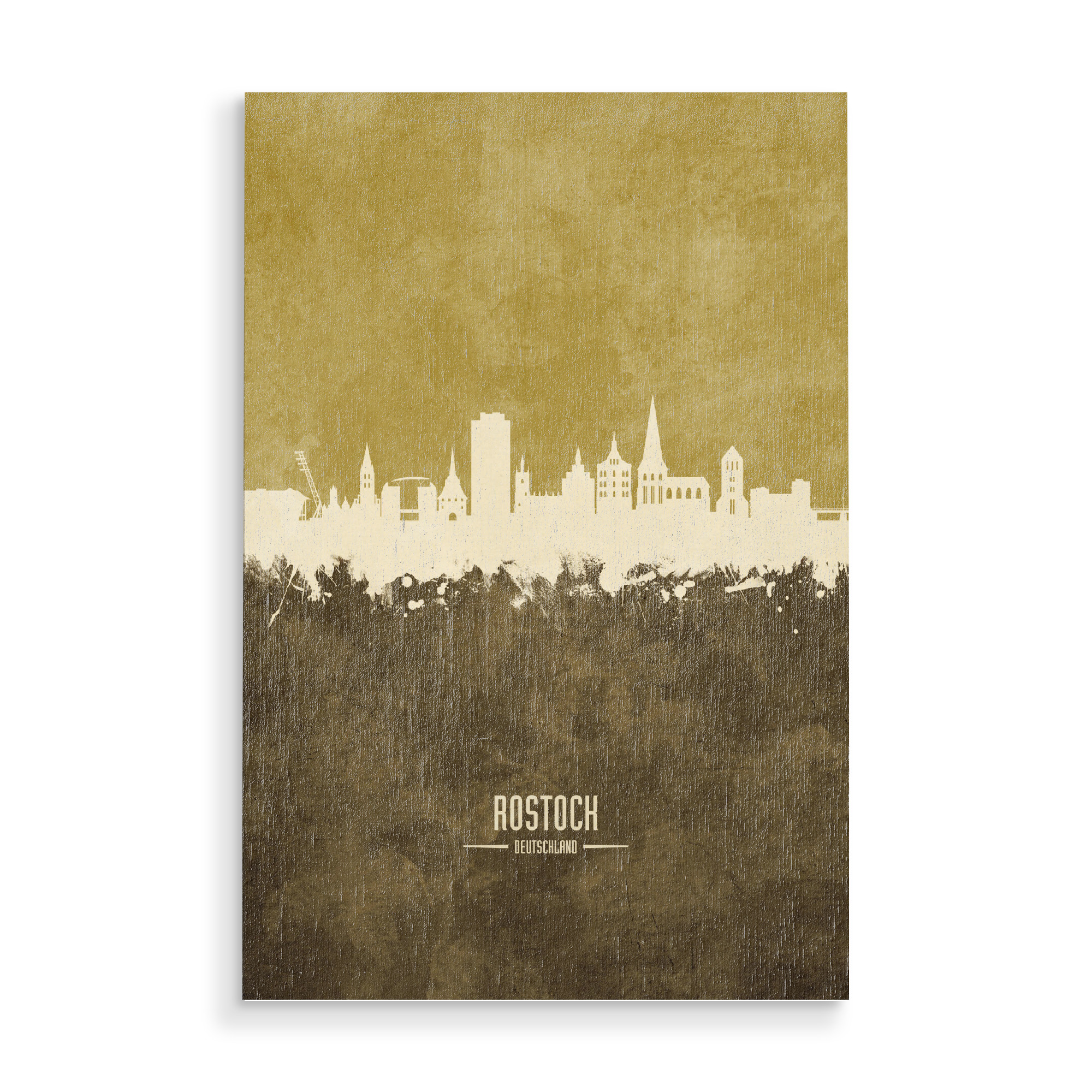 Holzbild "Rostock Germany Skyline Brown" artboxONE - Städte - Rostock,Germany,Skyline,Cityscape,Stadtbild,Watercolor,Painting,City,Stadt,Deutschland