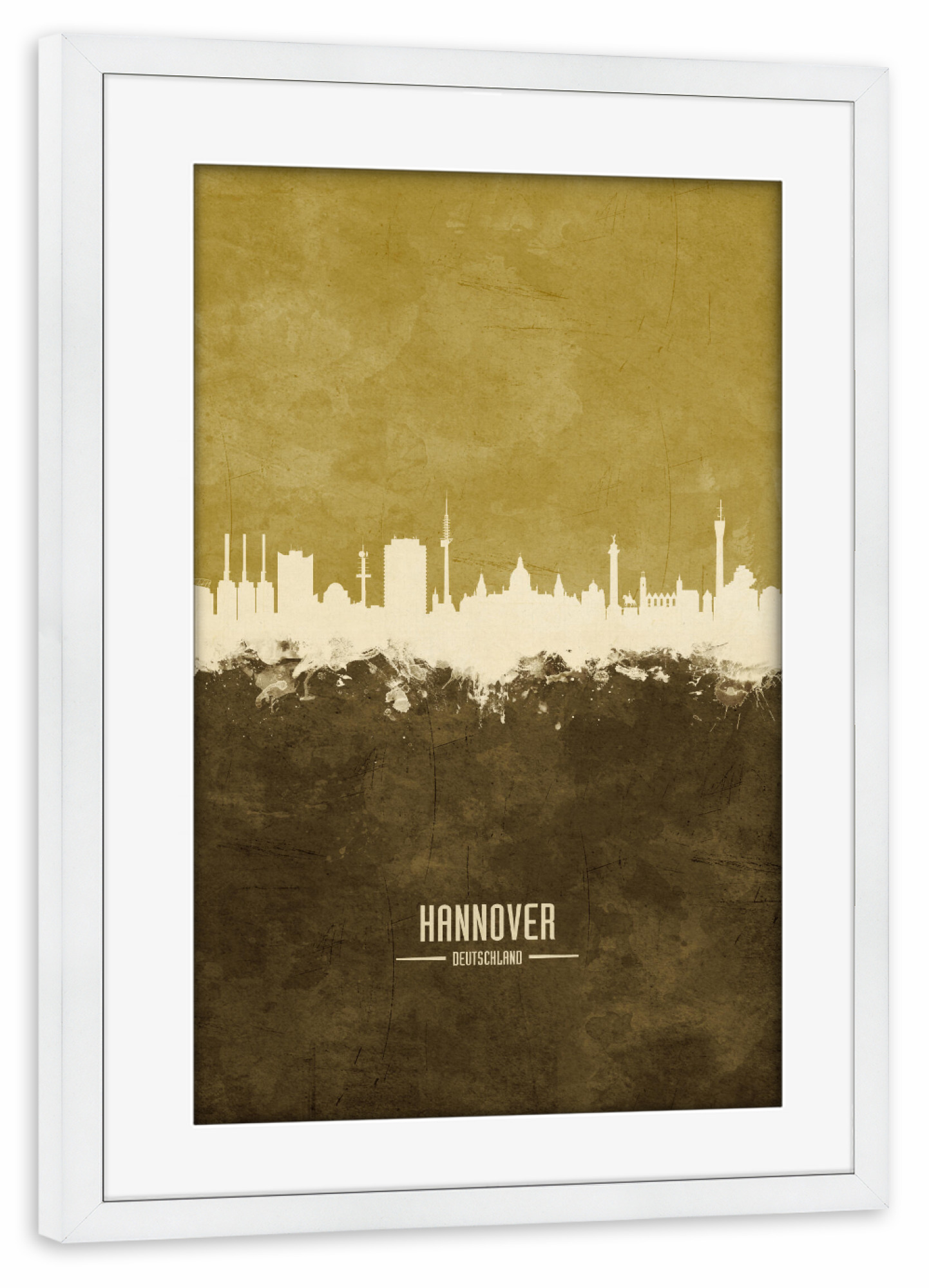 Poster mit Rahmen weiß "Hannover Germany Skyline Brown" artboxONE - Städte