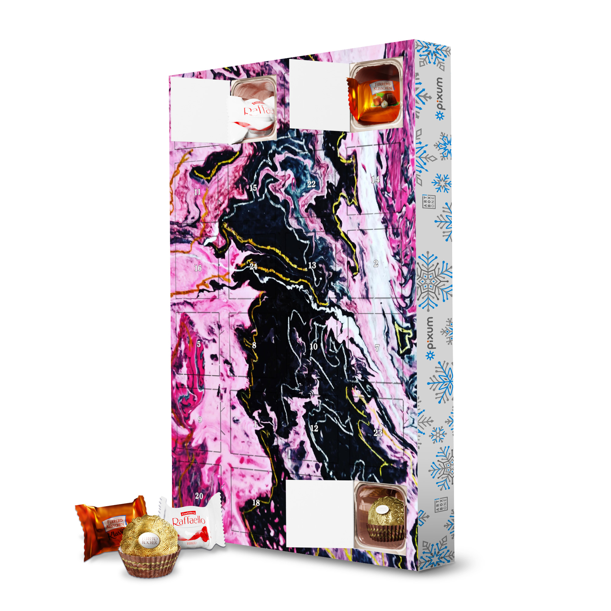 Adventskalender mit Ferrero Pralinen Fluidmalerei Pink Schwarz Gold artboxONE Adventskalender Abstrakt