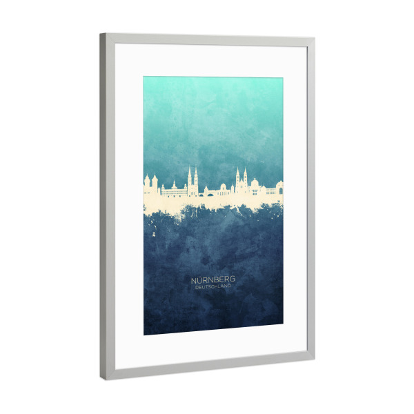 Poster mit Rahmen Silber "Nürnberg Germany Skyline NavyCyan" artboxONE - Städte