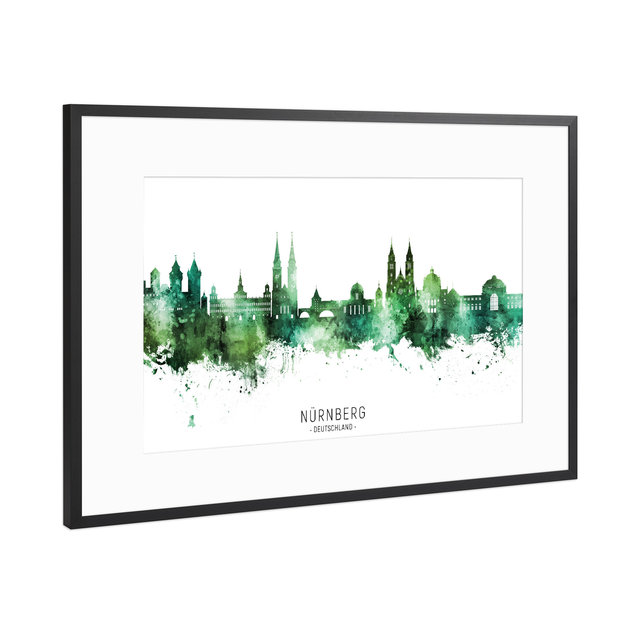 Poster mit Rahmen Schwarz (Metallic) "Nürnberg Skyline Green Name" artboxONE - Städte