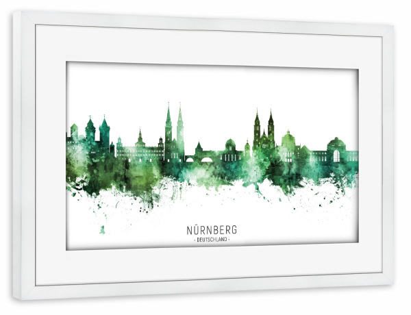 Poster mit Rahmen weiß "Nürnberg Skyline Green Name" artboxONE - Städte