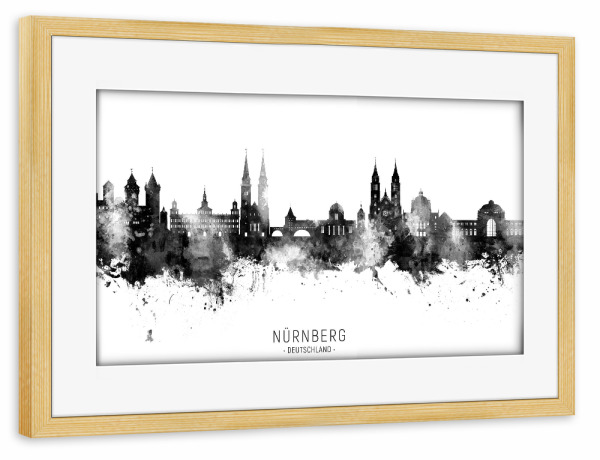 Poster mit Rahmen kiefer "Nürnberg Germany Skyline BW Text" artboxONE - Städte,Schwarzweiß