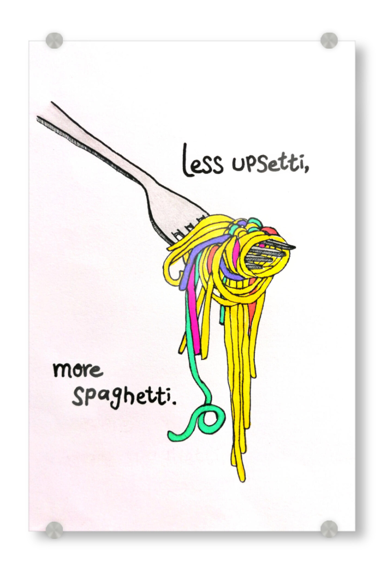 Acrylglasbild "Less upsetti, more spaghetti" artboxONE - Essen & Trinken - Spaghetti,Nudeln,Gabel,Gelb,Noodles,Grün,Lila,Küche,Süß,Zeichnung
