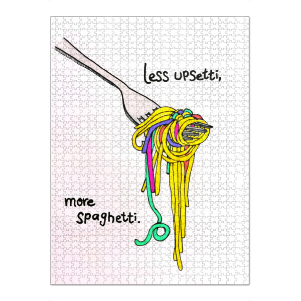 Puzzle Ravensburger "Less upsetti, more spaghetti" artboxONE - Essen & Trinken - Spaghetti,Nudeln,Gabel,Gelb,Noodles,Grün,Lila,Küche,Süß,Zeichnung