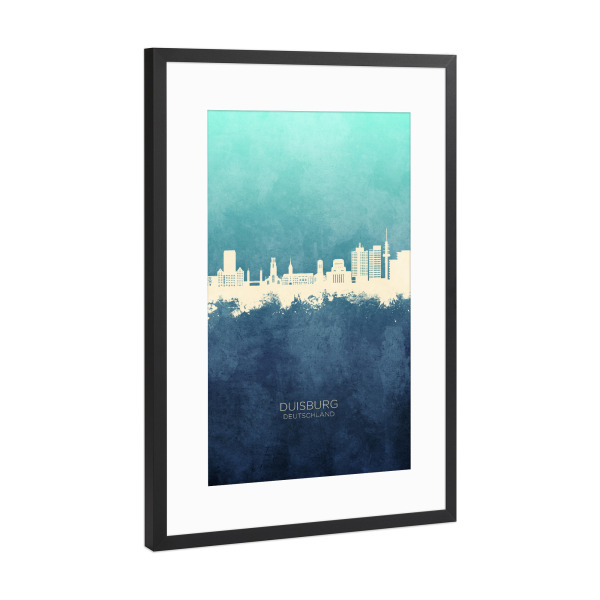 Poster mit Rahmen Schwarz (Metallic) "Duisburg Germany Skyline NavyCyan" artboxONE - Städte
