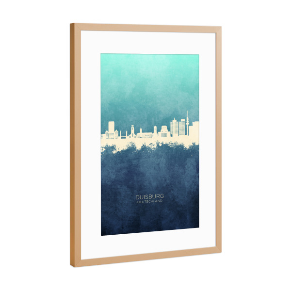 Poster mit Rahmen Kupfer "Duisburg Germany Skyline NavyCyan" artboxONE - Städte