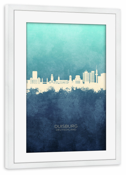 Poster mit Rahmen weiß "Duisburg Germany Skyline NavyCyan" artboxONE - Städte