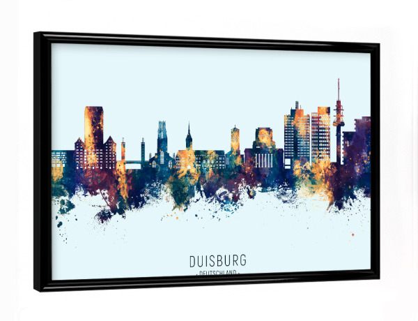 Poster mit schwarzem Rahmen "Duisburg Skyline BlueOrange" artboxONE - Städte