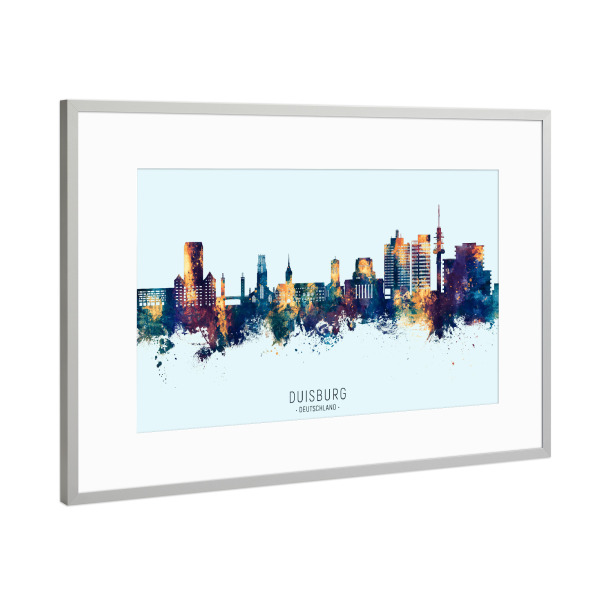 Poster mit Rahmen Silber "Duisburg Skyline BlueOrange" artboxONE - Städte