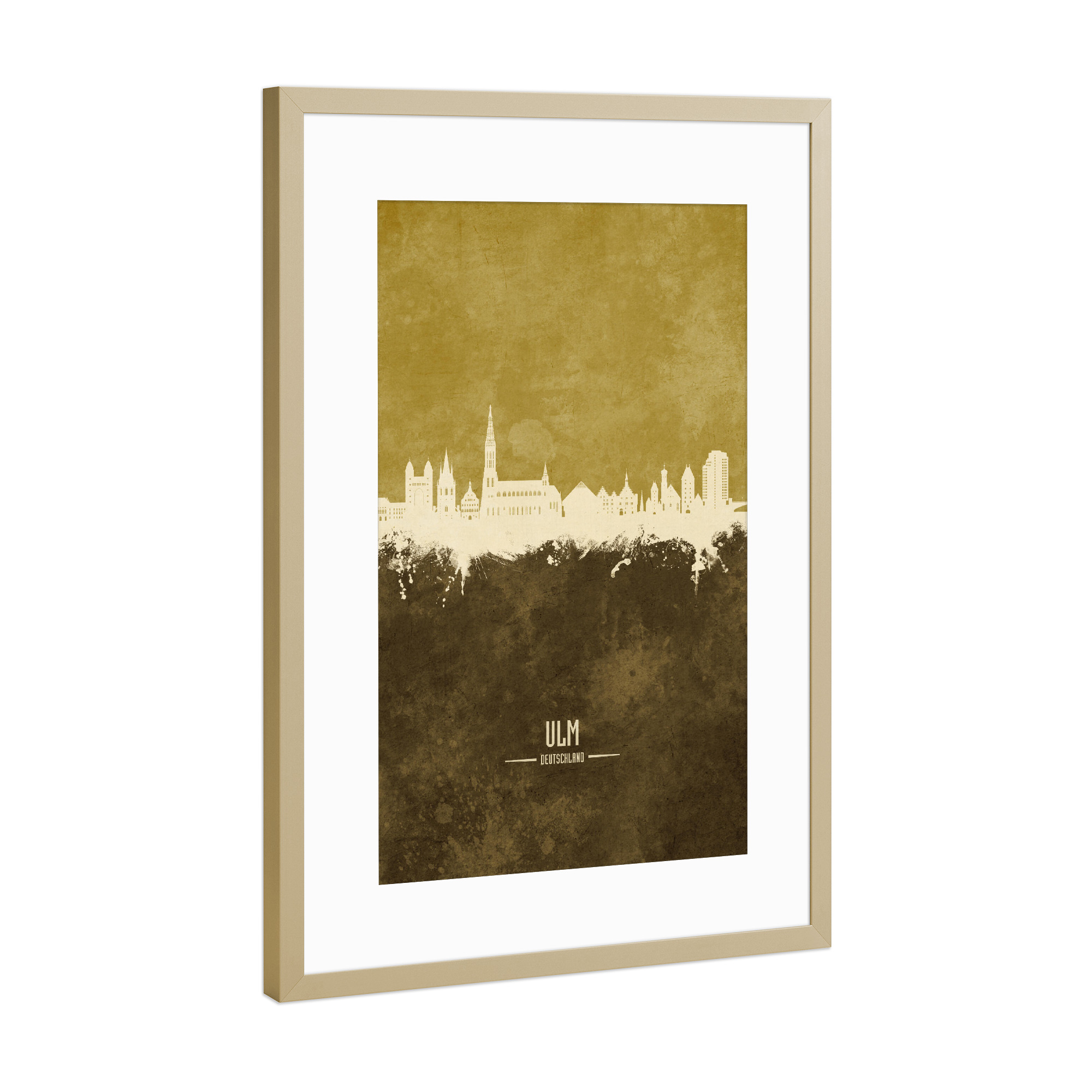 Poster mit Rahmen Gold "Ulm Germany Skyline Brown" artboxONE - Städte