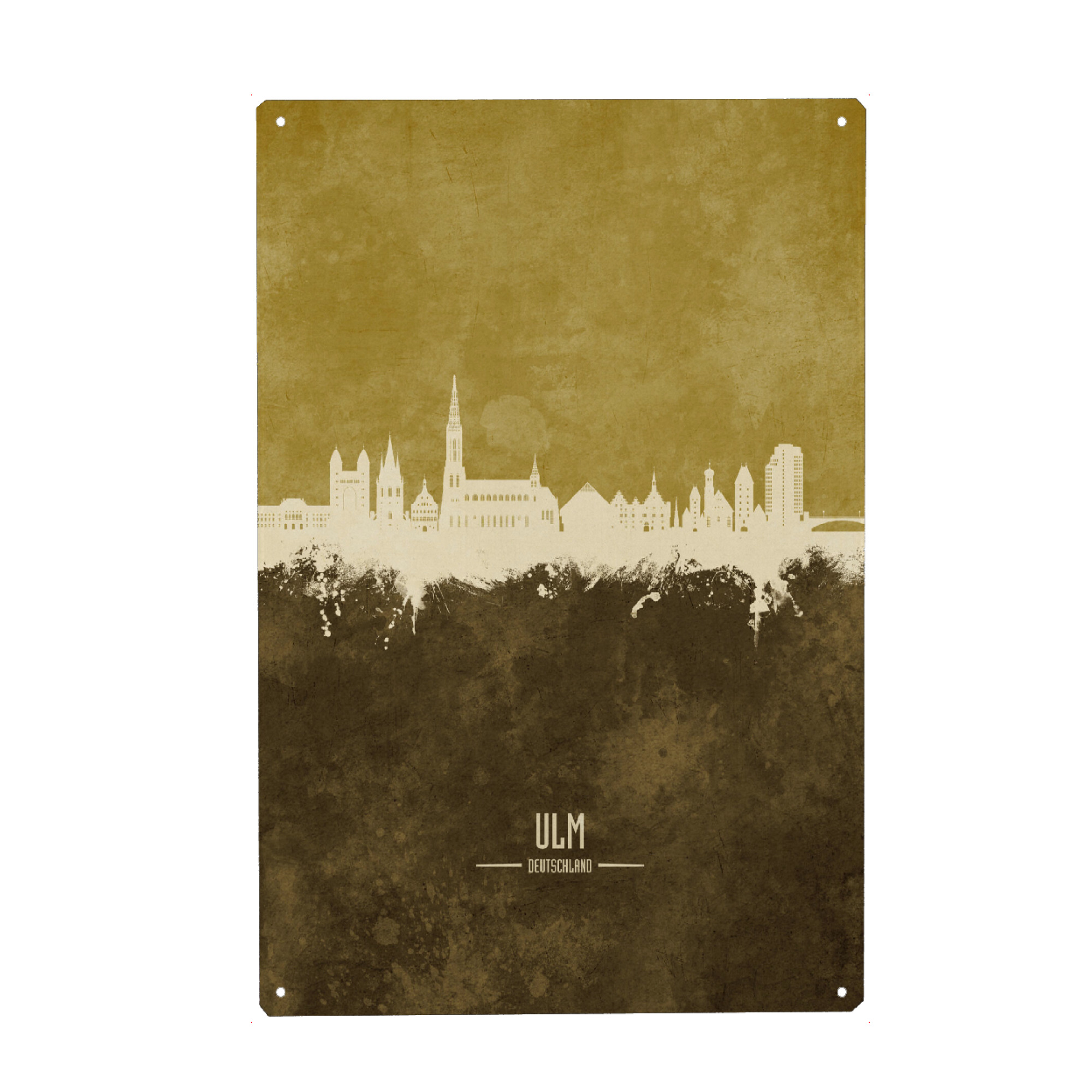 Metall Poster "Ulm Germany Skyline Brown" artboxONE - Städte - Ulm,Deutschland,Skyline,Cityscape,Stadtbild,Watercolor,Painting,City,Stadt,Germany