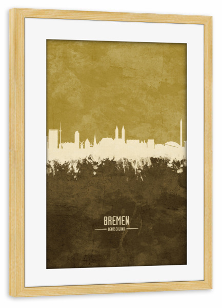 Poster mit Rahmen kiefer "Bremen Germany Skyline Brown" artboxONE - Städte - Bremen,Skyline,Cityscape,Stadtbild,Watercolor,Painting,City,Stadt,Germany