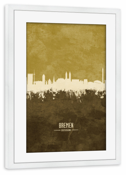 Poster mit Rahmen weiß "Bremen Germany Skyline Brown" artboxONE - Städte - Bremen,Skyline,Cityscape,Stadtbild,Watercolor,Painting,City,Stadt,Germany