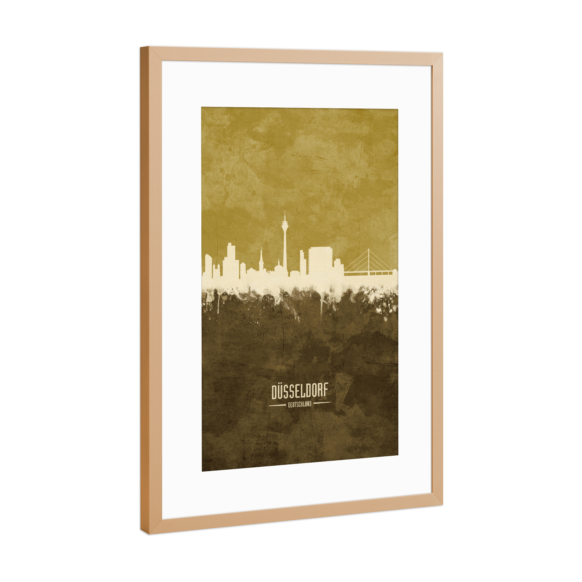 Poster mit Rahmen Kupfer "Düsseldorf Germany Skyline Brown" artboxONE - Städte,Städte / Düsseldorf