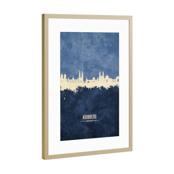 Poster mit Rahmen Gold "Nürnberg Germany Skyline Navy" artboxONE - Städte
