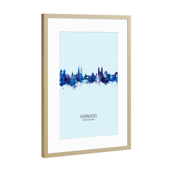 Poster mit Rahmen Gold "Nürnberg Skyline Dark Blue" artboxONE - Städte