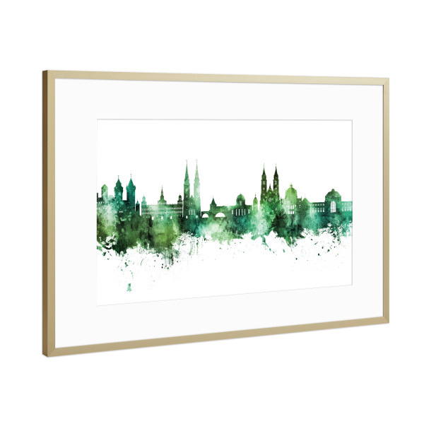 Poster mit Rahmen Gold "Nürnberg Germany Skyline Green" artboxONE - Städte