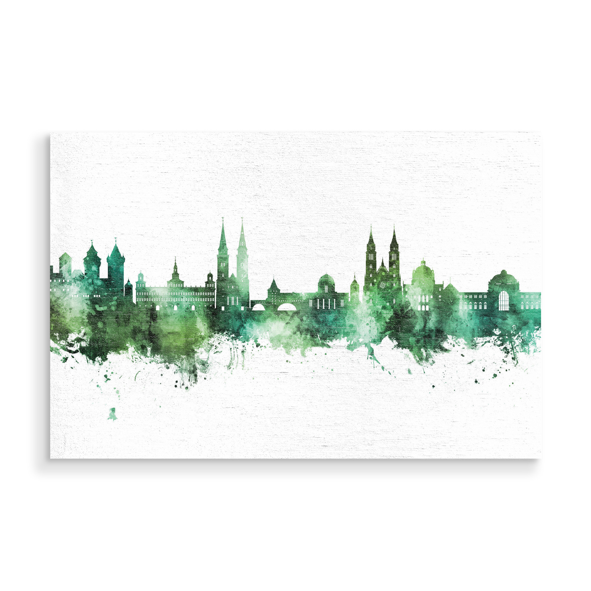 Holzbild "Nürnberg Germany Skyline Green" artboxONE - Städte - Nürnberg,Deutschland,Skyline,Cityscape,Stadtbild,Watercolor,Painting,City,Stadt,Germany