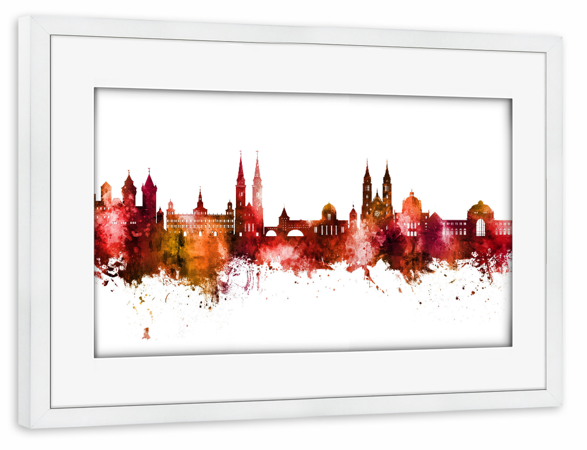 Poster mit Rahmen weiß "Nürnberg Germany Skyline Red" artboxONE - Städte