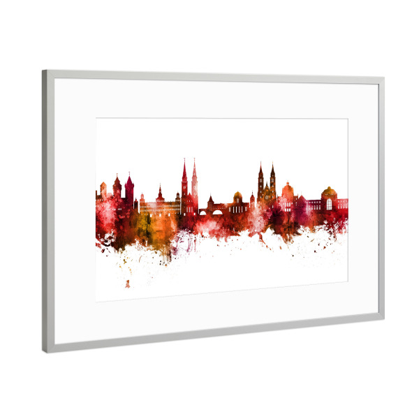Poster mit Rahmen Silber "Nürnberg Germany Skyline Red" artboxONE - Städte