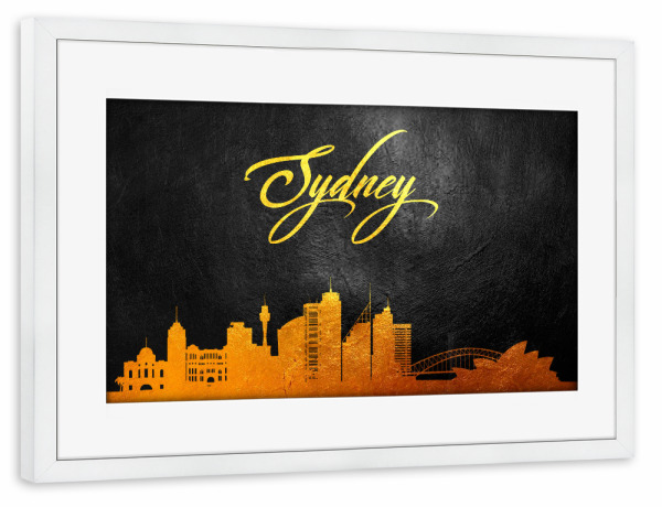 Poster mit Rahmen weiß "Sydney Australia Gold Skyline" artboxONE - Städte / Sydney - Sydney skyline,Sydney,Australia,Australien,City,Stadt