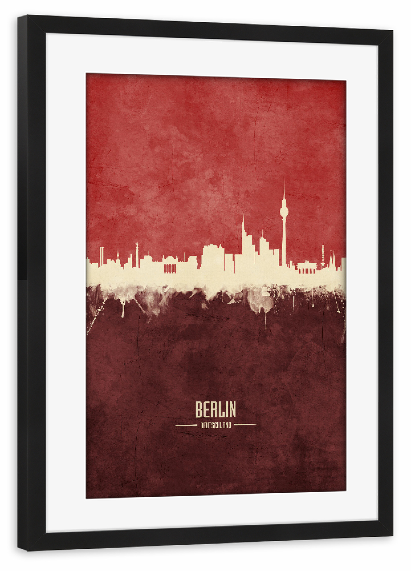 Poster mit Rahmen schwarz "Berlin Germany Skyline Dark Red" artboxONE - Städte