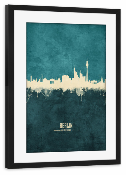 Poster mit Rahmen schwarz "Berlin Germany Skyline Turquoise" artboxONE - Städte,Städte / Berlin