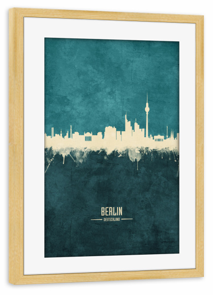 Poster mit Rahmen kiefer "Berlin Germany Skyline Turquoise" artboxONE - Städte,Städte / Berlin