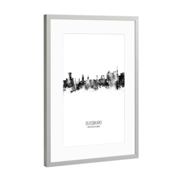 Poster mit Rahmen Silber "Duisburg Germany Skyline BW" artboxONE - Städte,Schwarzweiß