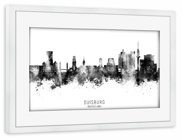Poster mit Rahmen weiß "Duisburg Germany Skyline BW Text" artboxONE - Städte,Schwarzweiß
