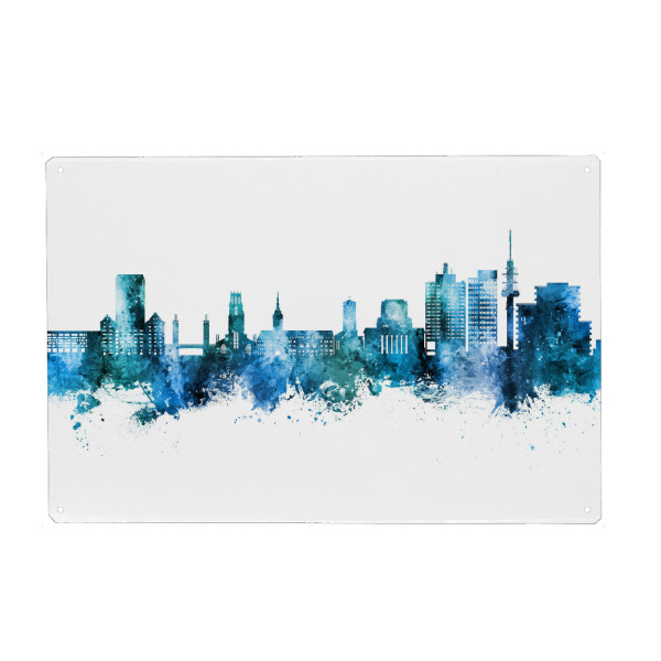 Holzbild "Duisburg Germany Skyline Blue" artboxONE - Städte - Duisburg,Deutschland,Skyline,Cityscape,Stadtbild,Watercolor,Painting,City,Stadt,Germany