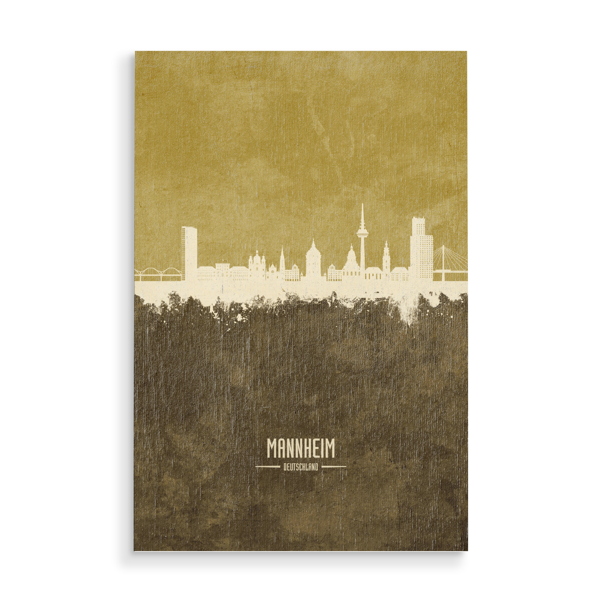 Holzbild "Mannheim Germany Skyline Brown" artboxONE - Städte - Mannheim,Deutschland,Skyline,Cityscape,Stadtbild,Watercolor,Painting,City,Stadt,Germany