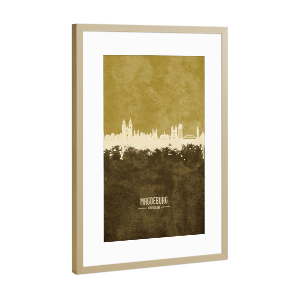 Poster mit Rahmen Gold "Magdeburg Germany Skyline Brown" artboxONE - Städte