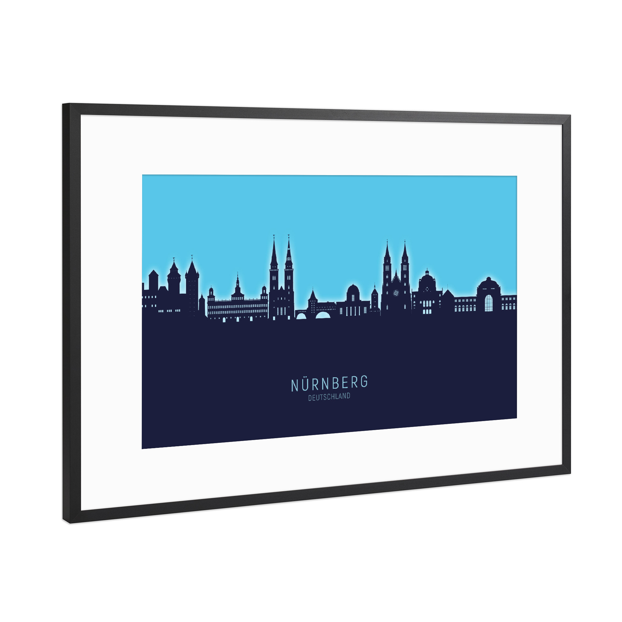 Poster mit Rahmen Schwarz (Metallic) "Nürnberg Skyline Glow Blue" artboxONE - Städte
