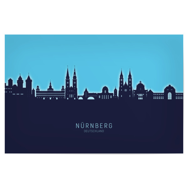 Poster "Nürnberg Skyline Glow Blue" artboxONE - Städte - Nürnberg,Deutschland,Skyline,Cityscape,Stadtbild,Watercolor,Painting,City,Stadt,Germany