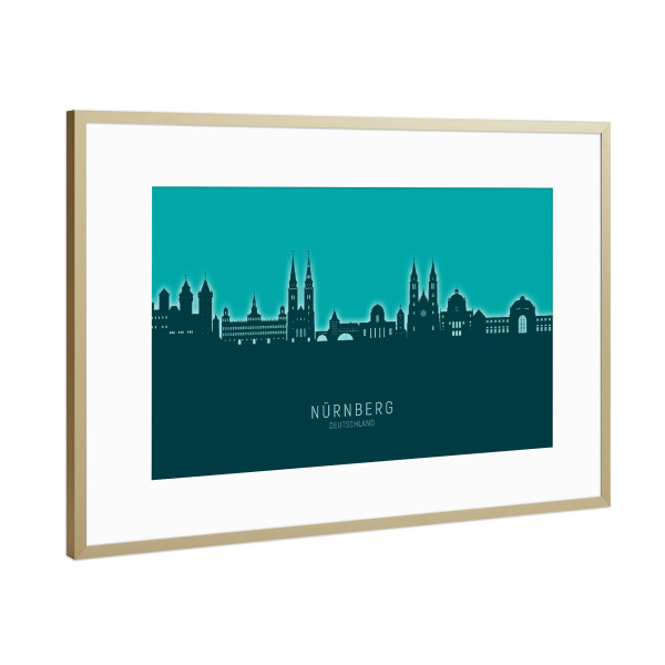 Poster mit Rahmen Gold "Nürnberg Skyline Glow Teal" artboxONE - Städte