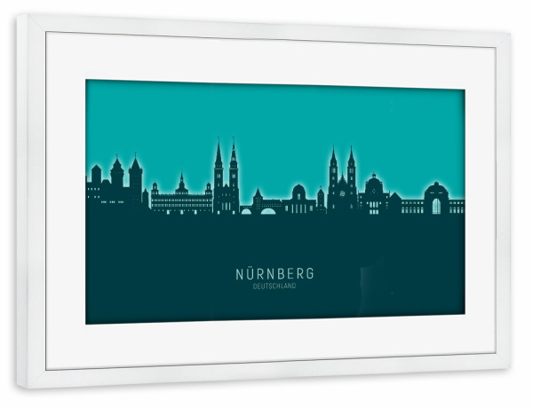 Poster mit Rahmen weiß "Nürnberg Skyline Glow Teal" artboxONE - Städte