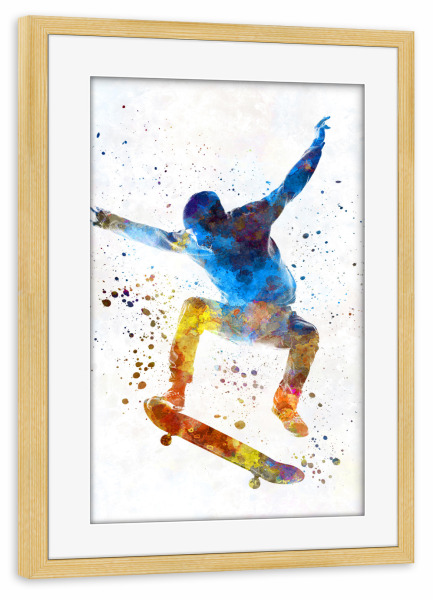 Poster mit Rahmen kiefer "Man skateboard in watercolor" artboxONE - Sport - Man,Skateboard,Jump,Skate,Young,Color,Multicolor,Sport,Sports,Watercolor