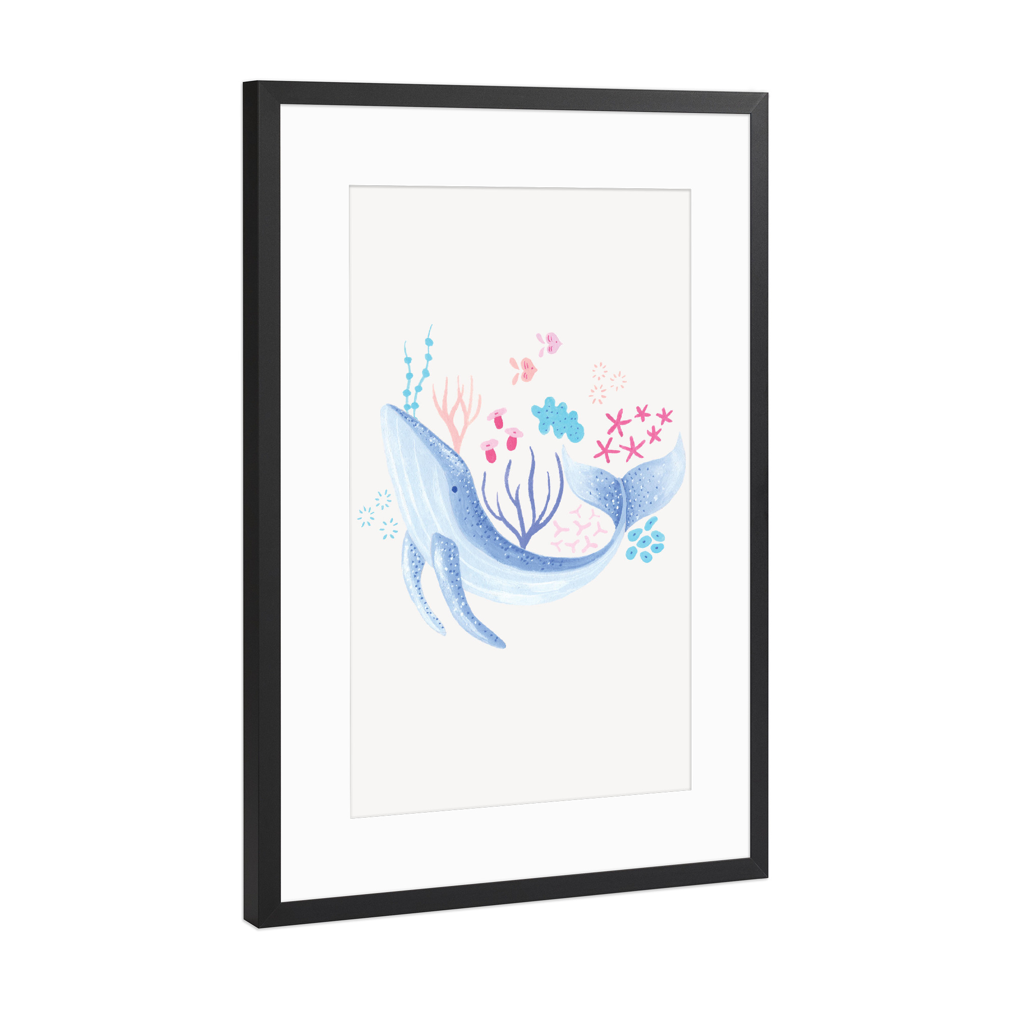 Poster mit Rahmen Schwarz (Metallic) "Fantom Fifi Art-Der große Wal" artboxONE - Natur,Für Kinder,Tiere,Comic,Unterwasser