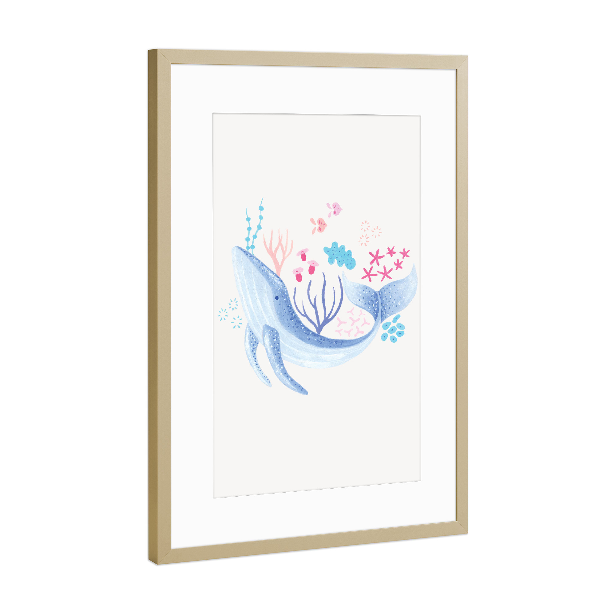 Poster mit Rahmen Gold "Fantom Fifi Art-Der große Wal" artboxONE - Natur,Für Kinder,Tiere,Comic,Unterwasser