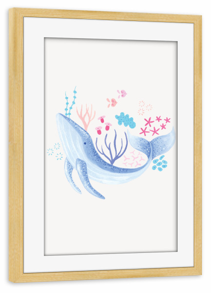 Poster mit Rahmen kiefer "Fantom Fifi Art-Der große Wal" artboxONE - Natur,Für Kinder,Tiere,Comic,Unterwasser