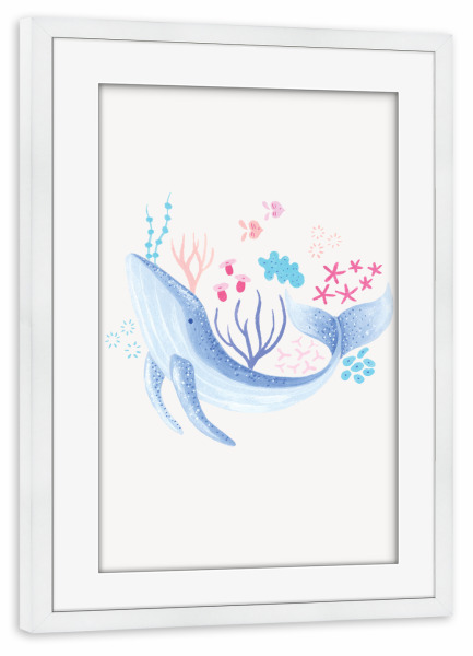 Poster mit Rahmen weiß "Fantom Fifi Art-Der große Wal" artboxONE - Natur,Für Kinder,Tiere,Comic,Unterwasser