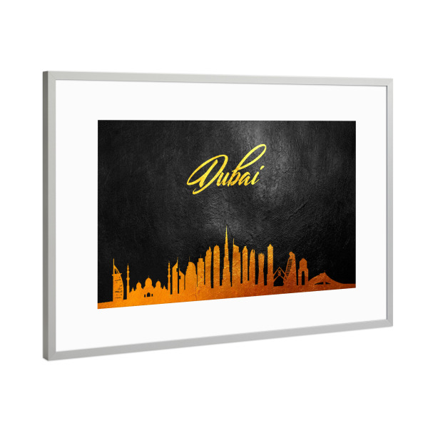 Poster mit Rahmen Silber "Dubai UAE Gold Skyline" artboxONE - Städte,Reise,Städte / Dubai - Dubai,Dubai skyline,Burj dubai,City,Stadt,Reise,Travel