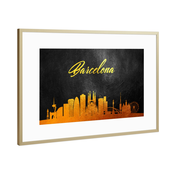 Poster mit Rahmen Gold "Barcelona Spain Gold Skyline" artboxONE - Reise,Städte / Barcelona