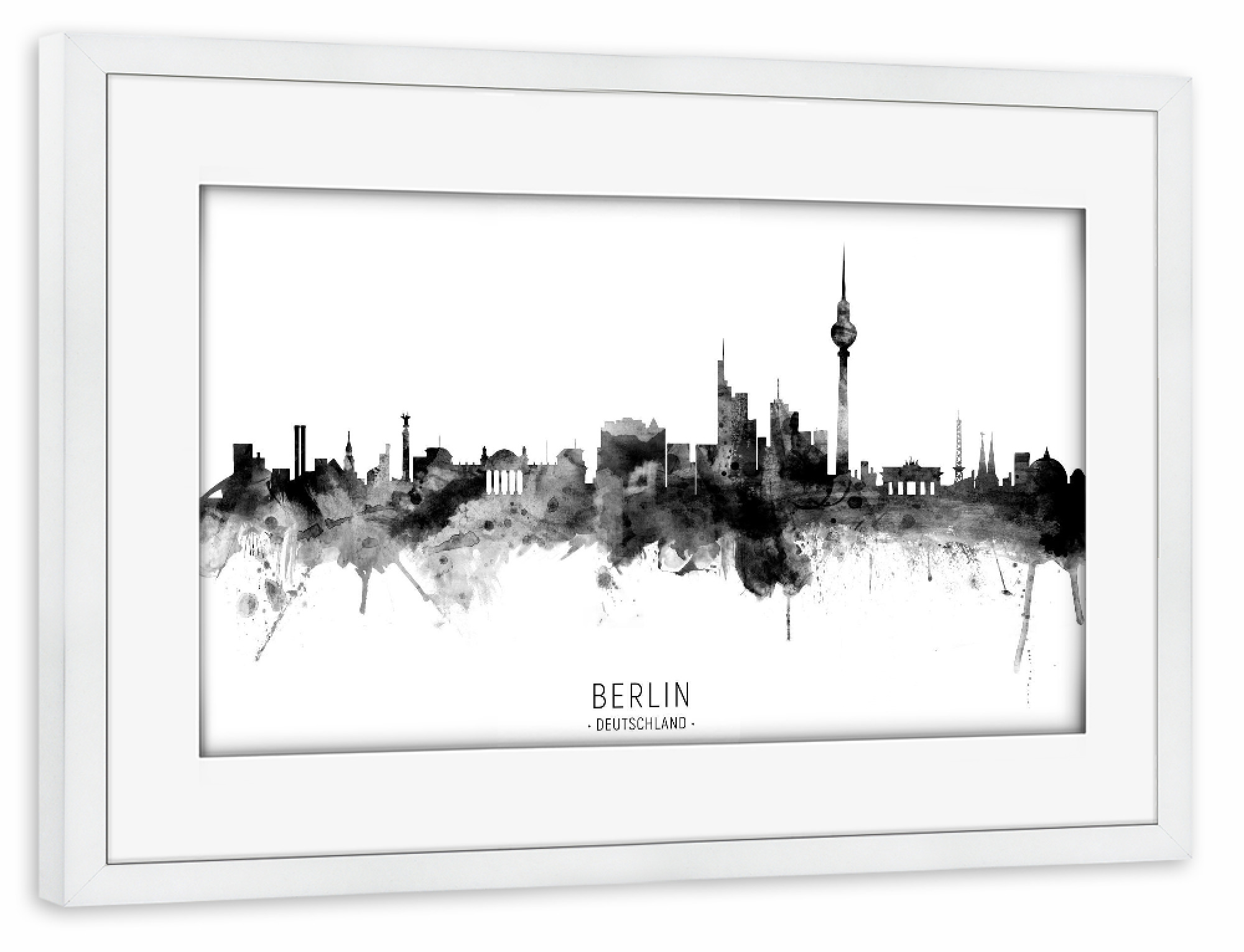 Poster mit Rahmen weiß "Berlin Germany Skyline BW Text" artboxONE - Städte,Städte / Berlin,Schwarzweiß