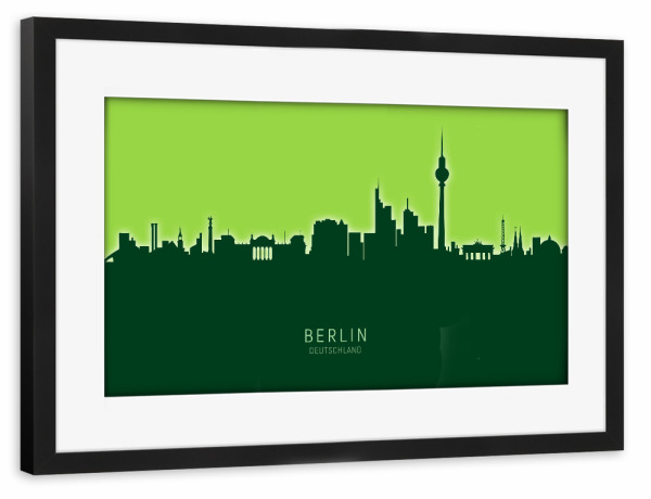 Poster mit Rahmen schwarz "Berlin Germany Skyline Glow Green" artboxONE - Städte,Städte / Berlin