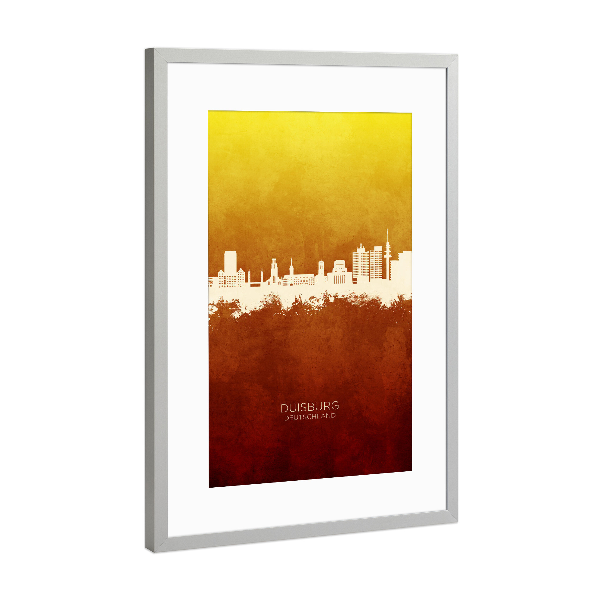 Poster mit Rahmen Silber "Duisburg Skyline RedYellow" artboxONE - Städte