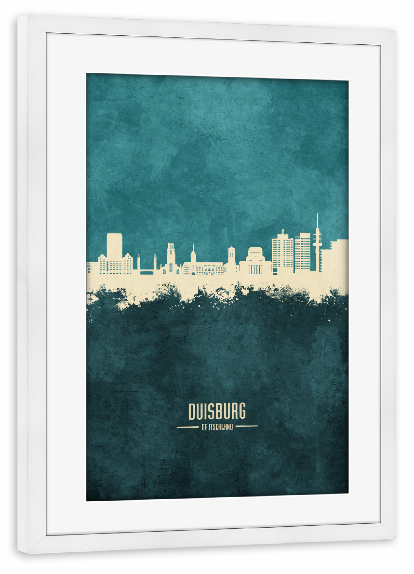 Poster mit Rahmen weiß "Duisburg Skyline Turquoise" artboxONE - Städte