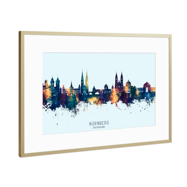 Poster mit Rahmen Gold "Nürnberg Skyline BlueOrange" artboxONE - Städte